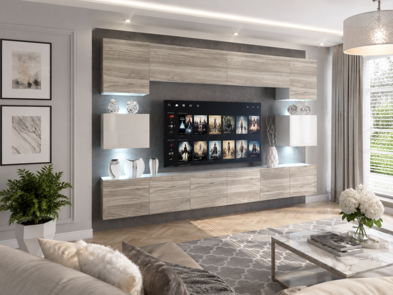 Obývacia stena 300 cm Belini šedý antracit Glamour Wood / biely lesk Imperium3 Výrobca IMP 3/5/W/GW1WGW1/0/0