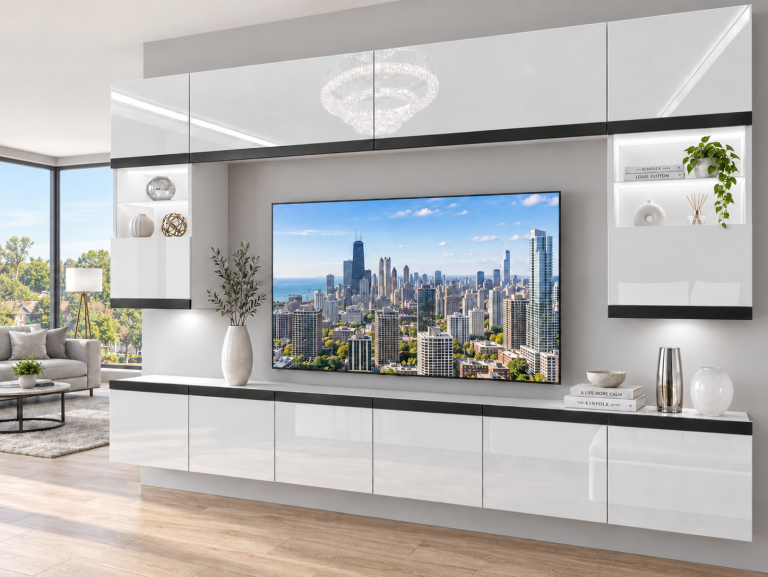 Obývacia stena Prestige 300 cm TV/RTV biela lesk Výrobca IMP P2 Nolan 1/5/W/W/0/0/CM