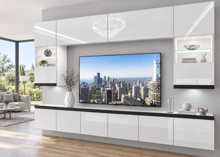 Obývacia stena Prestige 300 cm TV/RTV biela lesk Výrobca IMP P1 Nolan 1/5/W/W/0/0/CM