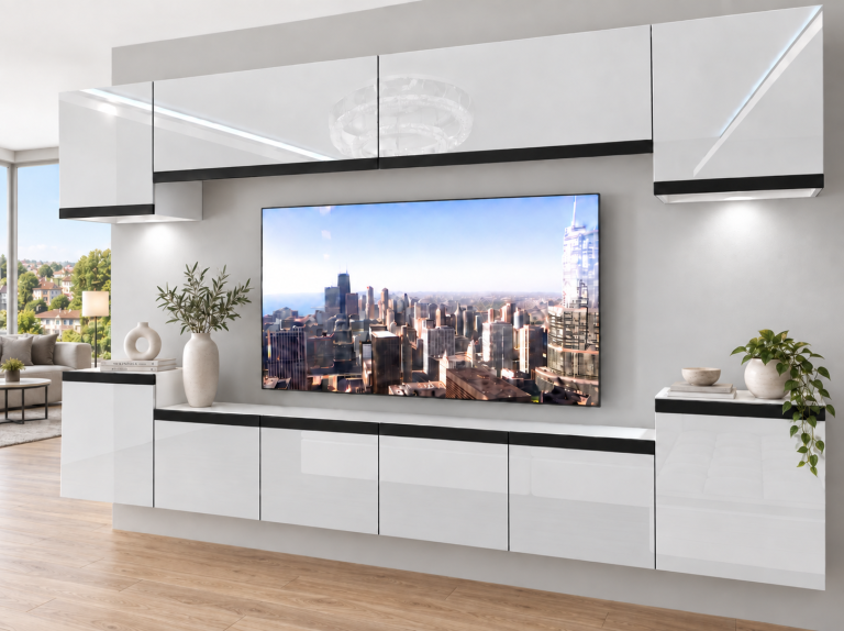 Obývacia stena Prestige 300 cm TV/RTV biela lesk Výrobca IMP P Hepburn 4/5/W/W/0/0/CM