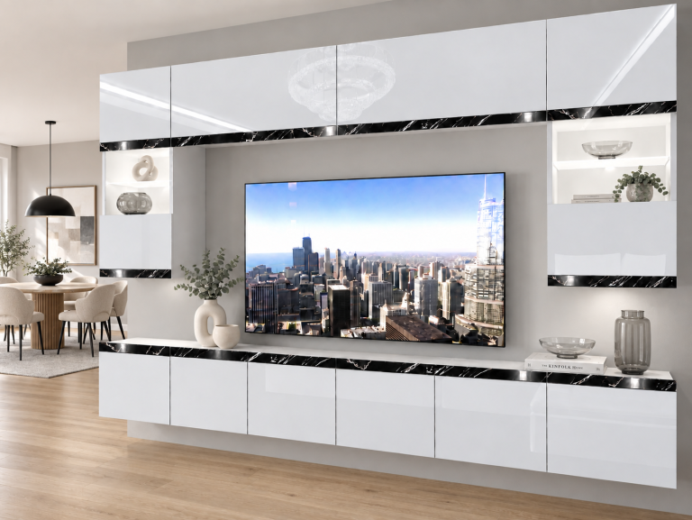 Obývacia stena Prestige 300 cm TV/RTV biela lesk Výrobca IMP P2 Nolan 1/5/W/W/0/0/CS