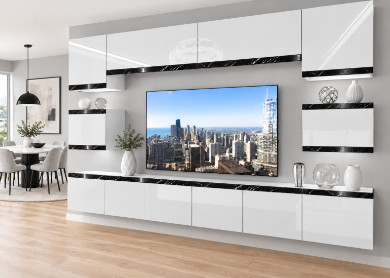 Obývacia stena Prestige 300 cm TV/RTV biela lesk Výrobca IMP P Tarantino 3/5/W/W/0/0/CS