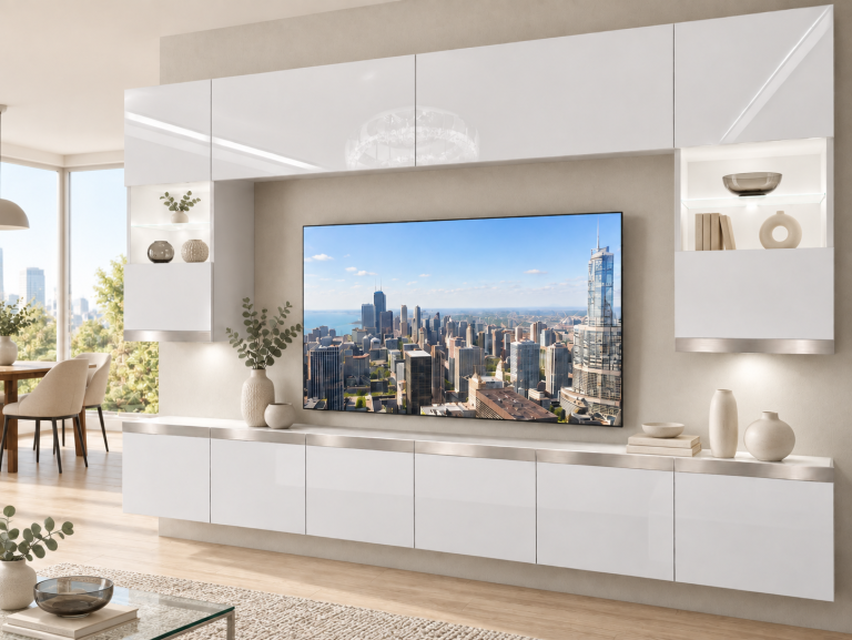 Obývacia stena Prestige 300 cm TV/RTV biela lesk Výrobca IMP P1 Nolan 1/5/W/W/0/0/SL