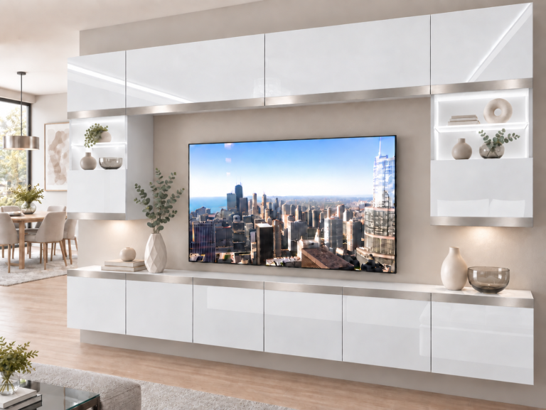 Obývacia stena Prestige 300 cm TV/RTV biela lesk Výrobca IMP P2 Nolan 1/5/W/W/0/0/SL