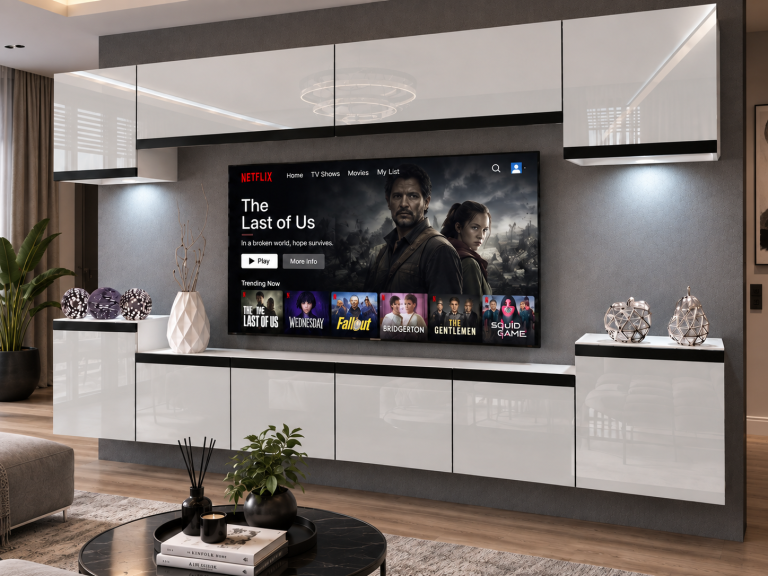 Obývacia stena Prestige 300 cm TV/RTV biela lesk Výrobca IMP P Hepburn 4/5/W/W/0/0/CM