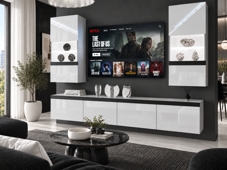 Obývacia stena Prestige 200 cm TV/RTV biela lesk Výrobca IMP P Keanu 7/5/W/W/0/0/CM