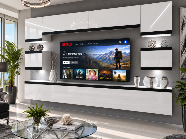 Obývacia stena Prestige 300 cm TV/RTV biela lesk Výrobca IMP P Tarantino 3/5/W/W/0/0/CM