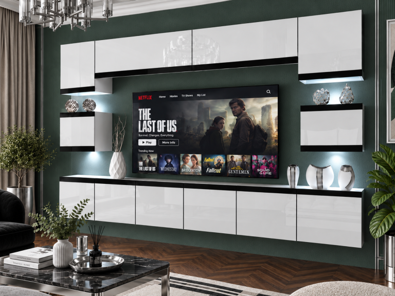 Obývacia stena Prestige 300 cm TV/RTV biela lesk Výrobca IMP P Tarantino 3/5/W/W/0/0/CM