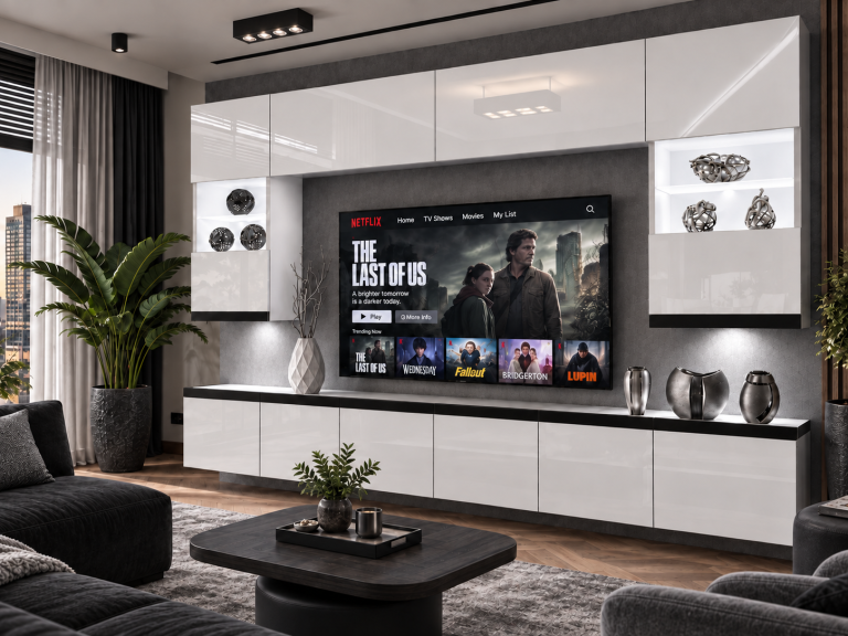 Obývacia stena Prestige 300 cm TV/RTV biela lesk Výrobca IMP P1 Nolan 1/5/W/W/0/0/CM