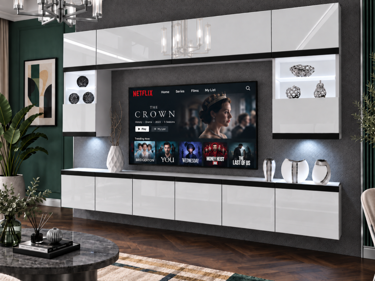 Obývacia stena Prestige 300 cm TV/RTV biela lesk Výrobca IMP P2 Nolan 1/5/W/W/0/0/CM