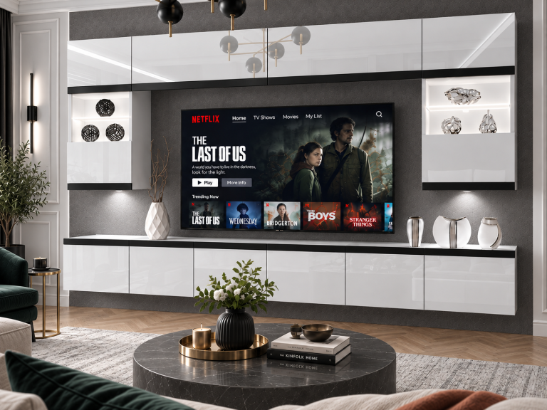 Obývacia stena Prestige 300 cm TV/RTV biela lesk Výrobca IMP P2 Nolan 1/5/W/W/0/0/CM