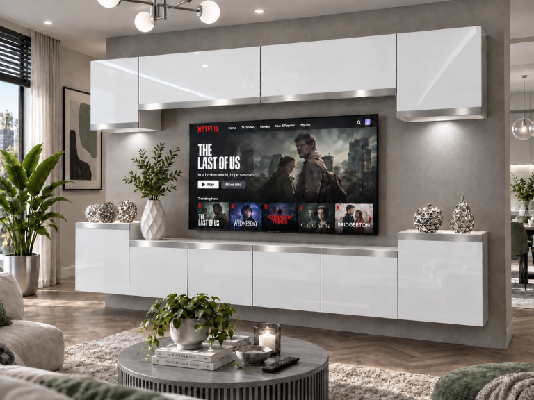 Obývacia stena Prestige 300 cm TV/RTV biela lesk Výrobca IMP P Hepburn 4/5/W/W/0/0/SL