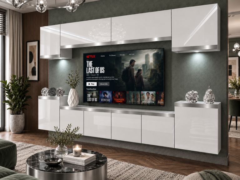 Obývacia stena Prestige 300 cm TV/RTV biela lesk Výrobca IMP P Hepburn 4/5/W/W/0/0/SL