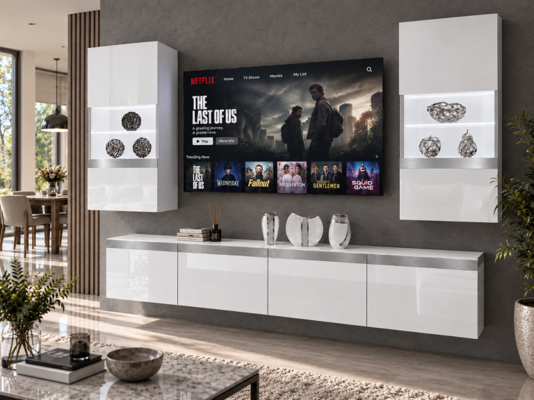 Obývacia stena Prestige 200 cm TV/RTV biela lesk Výrobca IMP P Keanu 7/5/W/W/0/0/SL
