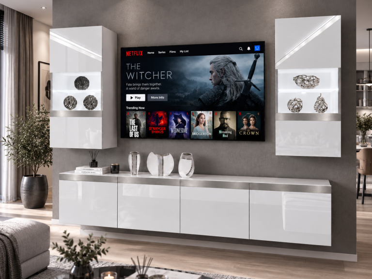 Obývacia stena Prestige 200 cm TV/RTV biela lesk Výrobca IMP P Keanu 7/5/W/W/0/0/SL