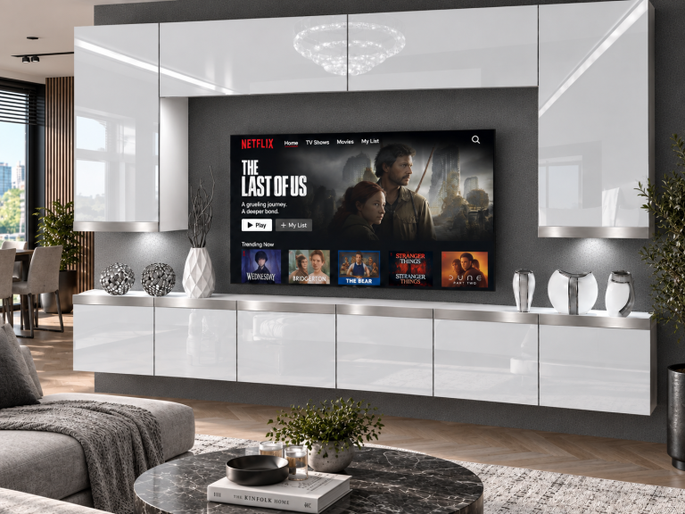 Obývacia stena Prestige 300 cm TV/RTV biela lesk Výrobca IMP P Monroe 2/5/W/W/0/0/SL