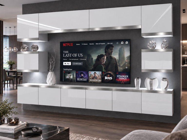Obývacia stena Prestige 300 cm TV/RTV biela lesk Výrobca IMP P Tarantino 3/5/W/W/0/0/SL