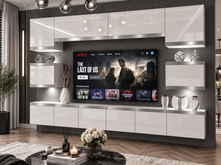 Obývacia stena Prestige 300 cm TV/RTV biela lesk Výrobca IMP P Tarantino 3/5/W/W/0/0/SL