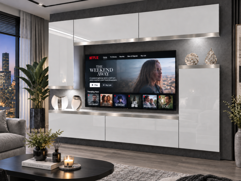 Obývacia stena Prestige 250 cm TV/RTV biela lesk Výrobca IMP P Woody 8/5/W/W/0/0/SL