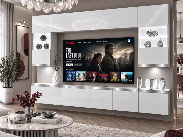 Obývacia stena Prestige 300 cm TV/RTV biela lesk Výrobca IMP P1 Nolan 1/5/W/W/0/0/SL