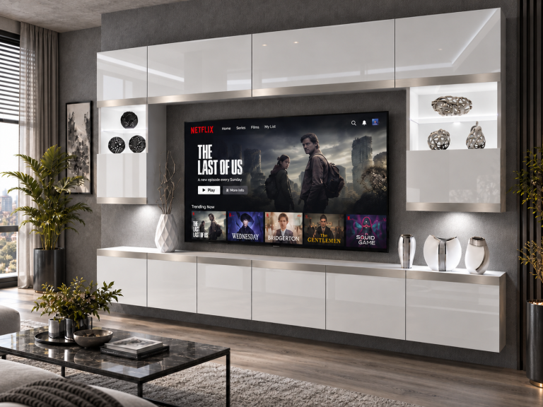 Obývacia stena Prestige 300 cm TV/RTV biela lesk Výrobca IMP P2 Nolan 1/5/W/W/0/0/SL