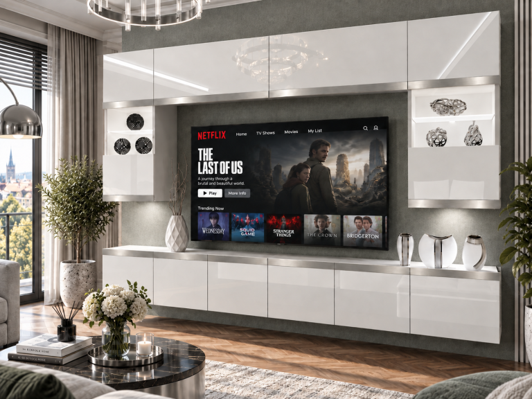 Obývacia stena Prestige 300 cm TV/RTV biela lesk Výrobca IMP P2 Nolan 1/5/W/W/0/0/SL