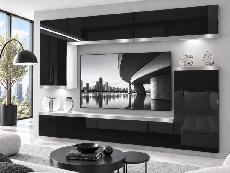 Obývacia stena Prestige 250 cm TV/RTV čierna lesk Výrobca IMP P Woody 8/5/W/B/0/0/SL