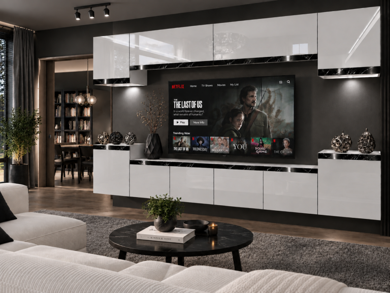 Obývacia stena Prestige 300 cm TV/RTV biela lesk Výrobca IMP P Hepburn 4/5/W/W/0/0/CS