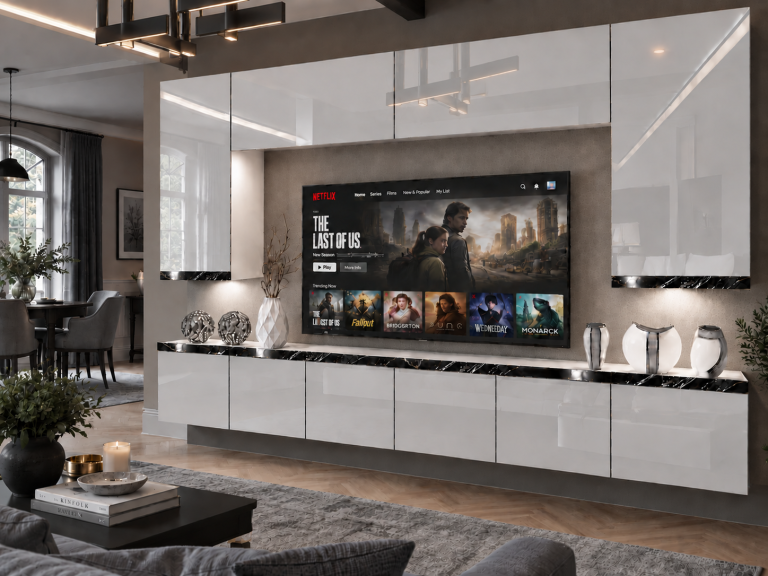 Obývacia stena Prestige 300 cm TV/RTV biela lesk Výrobca IMP P Monroe 2/5/W/W/0/0/CS