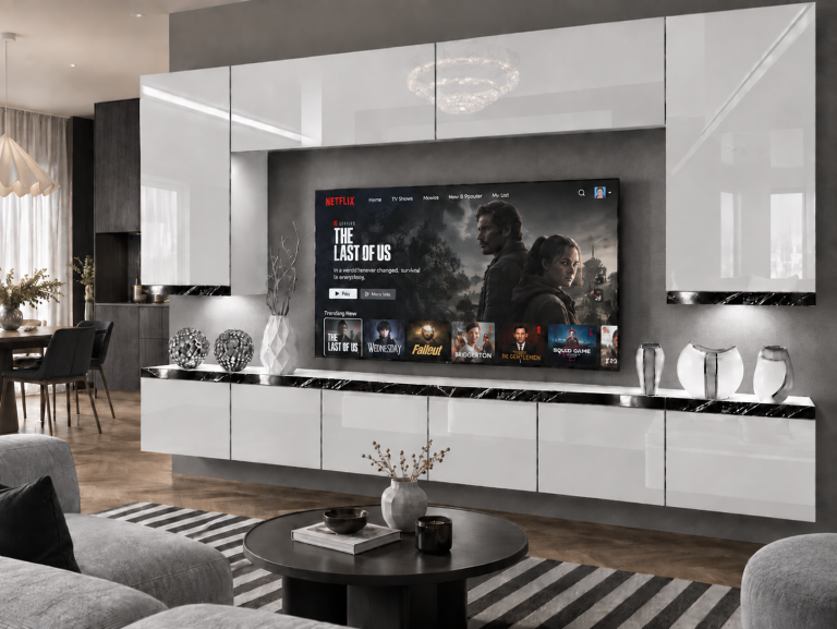 Obývacia stena Prestige 300 cm TV/RTV biela lesk Výrobca IMP P Monroe 2/5/W/W/0/0/CS