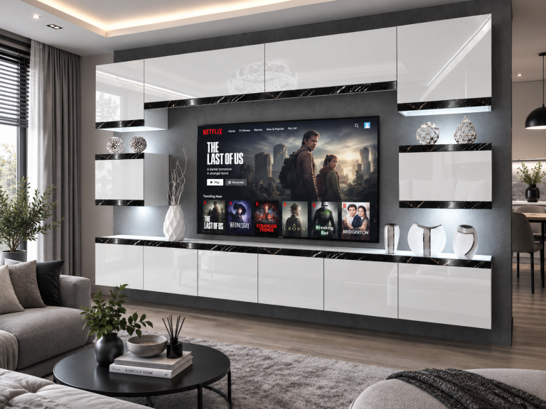 Obývacia stena Prestige 300 cm TV/RTV biela lesk Výrobca IMP P Tarantino 3/5/W/W/0/0/CS