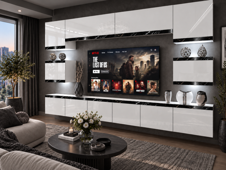 Obývacia stena Prestige 300 cm TV/RTV biela lesk Výrobca IMP P Tarantino 3/5/W/W/0/0/CS