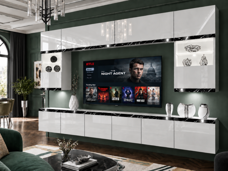 Obývacia stena Prestige 300 cm TV/RTV biela lesk Výrobca IMP P2 Nolan 1/5/W/W/0/0/CS