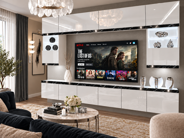Obývacia stena Prestige 300 cm TV/RTV biela lesk Výrobca IMP P2 Nolan 1/5/W/W/0/0/CS