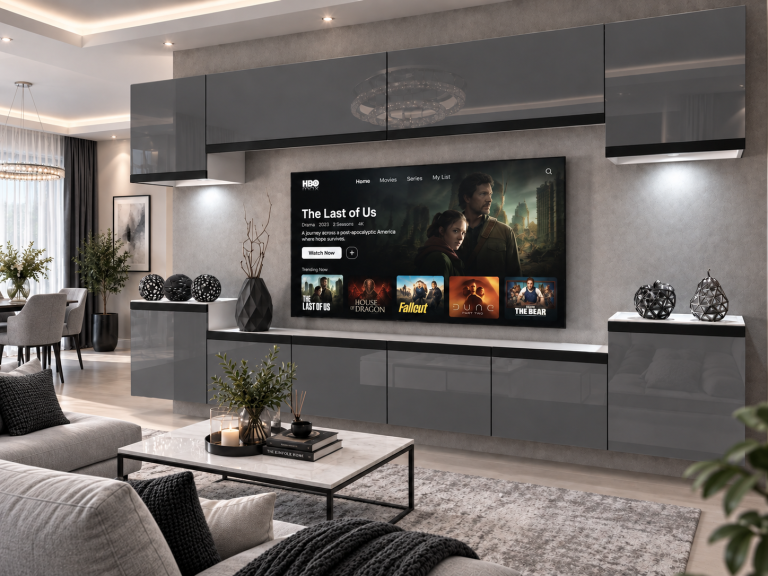 Obývacia stena Prestige 300 cm TV/RTV sivá lesk Výrobca IMP P Hepburn 4/5/W/S/0/0/CS