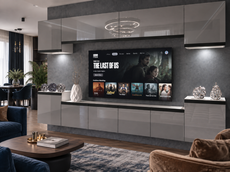 Obývacia stena Prestige 300 cm TV/RTV sivá lesk Výrobca IMP P Hepburn 4/5/W/S/0/0/CS