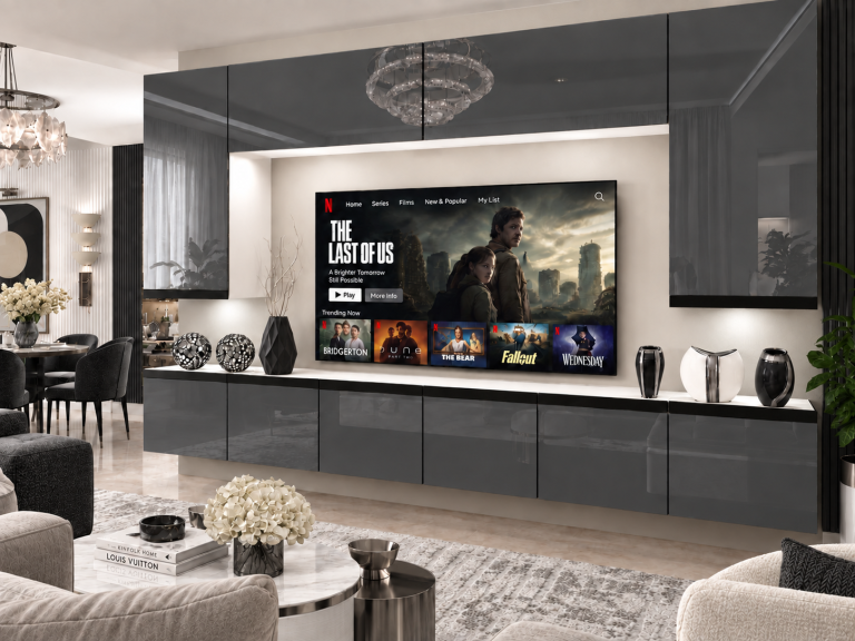 Obývacia stena Prestige 300 cm TV/RTV sivá lesk Výrobca IMP P Monroe 2/5/W/S/0/0/CM