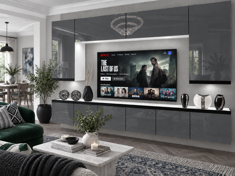 Obývacia stena Prestige 300 cm TV/RTV sivá lesk Výrobca IMP P Monroe 2/5/W/S/0/0/CM