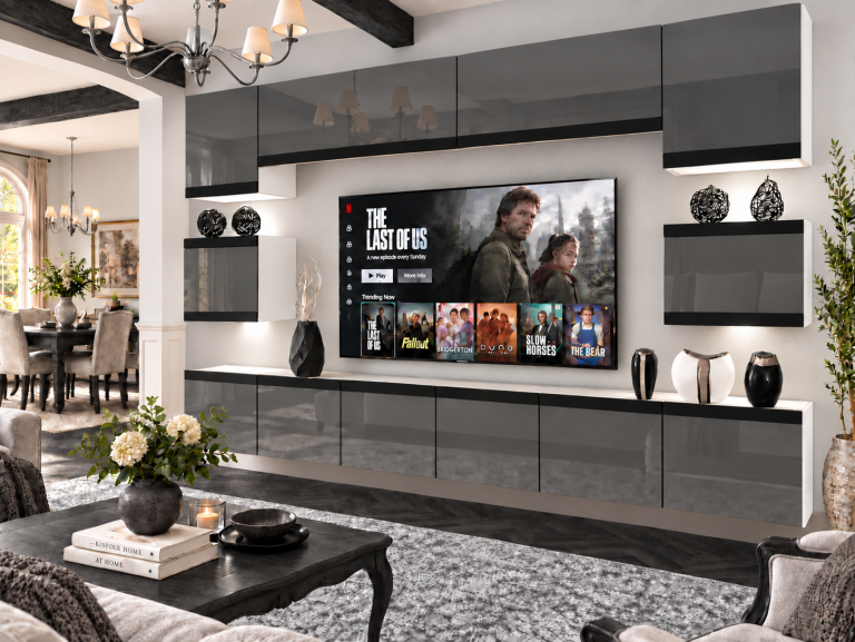 Obývacia stena Prestige 300 cm TV/RTV sivá lesk Výrobca IMP P Tarantino 3/5/W/S/0/0/CM