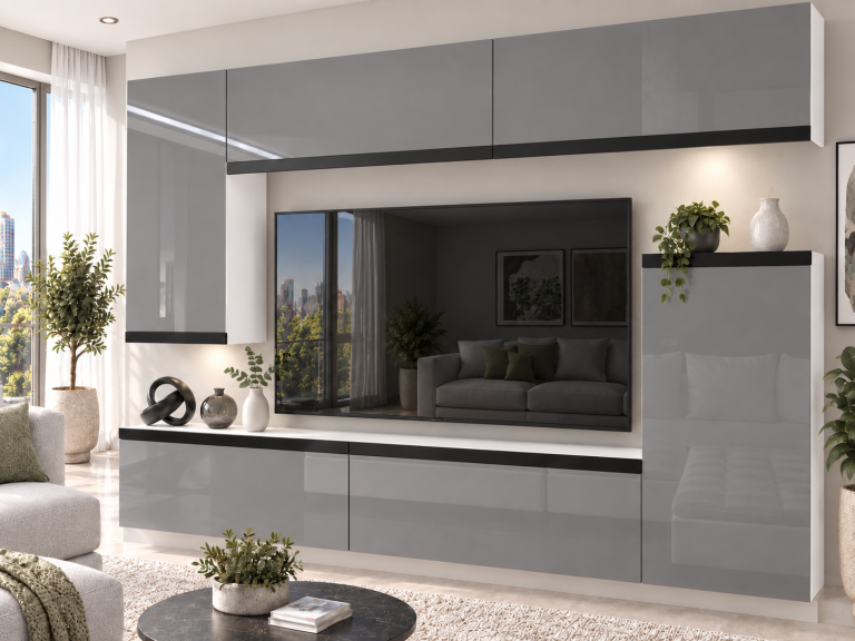 Obývacia stena Prestige 250 cm TV/RTV sivá lesk Výrobca IMP P Woody 8/5/W/S/0/0/CM