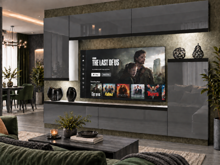 Obývacia stena Prestige 250 cm TV/RTV sivá lesk Výrobca IMP P Woody 8/5/W/S/0/0/CM