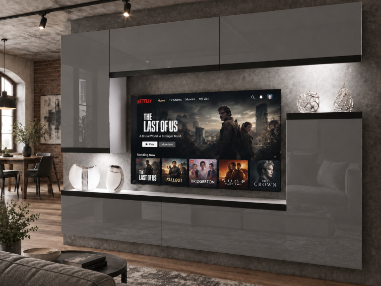 Obývacia stena Prestige 250 cm TV/RTV sivá lesk Výrobca IMP P Woody 8/5/W/S/0/0/CM