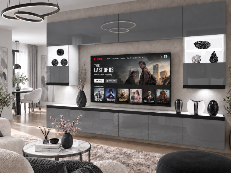 Obývacia stena Prestige 300 cm TV/RTV sivá lesk Výrobca IMP P1 Nolan 1/5/W/S/0/0/CM