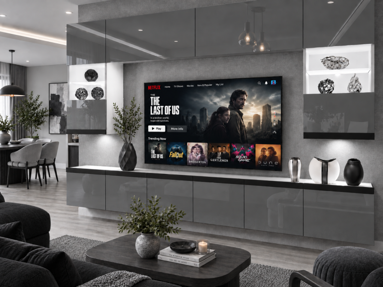 Obývacia stena Prestige 300 cm TV/RTV sivá lesk Výrobca IMP P1 Nolan 1/5/W/S/0/0/CM