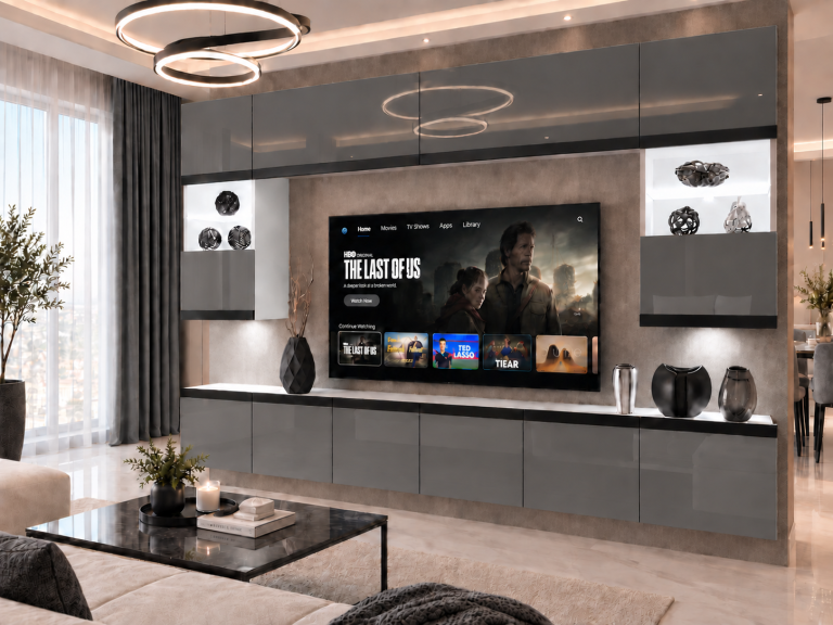 Obývacia stena Prestige 300 cm TV/RTV sivá lesk Výrobca IMP P2 Nolan 1/5/W/S/0/0/CM