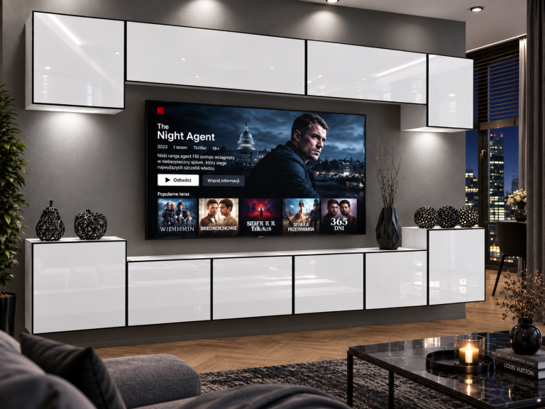 Obývacia stena Linea 300 cm TV/RTV biela lesk Výrobca IMP L Hepburn 4/5/W/W/0/0