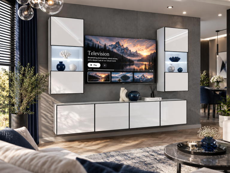 Obývacia stena Linea 200 cm TV/RTV biela lesk Výrobca IMP L Keanu 7/5/W/W/0/0