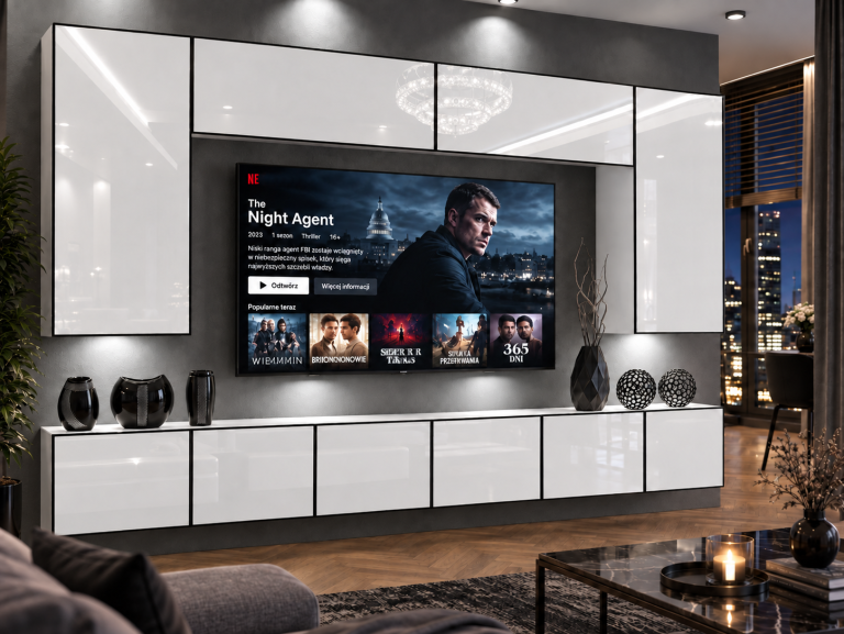 Obývacia stena Linea 300 cm TV/RTV biela lesk Výrobca IMP L Monroe 2/5/W/W/0/0