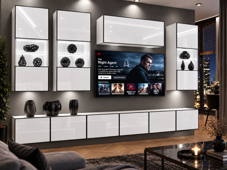 Obývacia stena Linea 300 cm TV/RTV biela lesk Výrobca IMP L Pacino 5/5/W/W/0/0