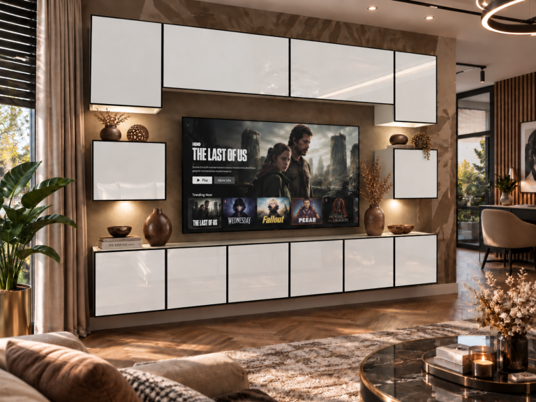 Obývacia stena Linea 300 cm TV/RTV biela lesk Výrobca IMP L Tarantino 3/5/W/W/0/0